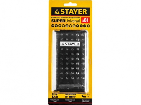Набор бит STAYER SuperUniversal, CR-V, с магнитным адаптером, 61 предмет