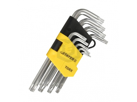 Набор STAYER MASTER: Ключи имбусовые короткие Cr-V сатинированное покрытие пластиковый держатель Т10-Т50мм 9 предметов