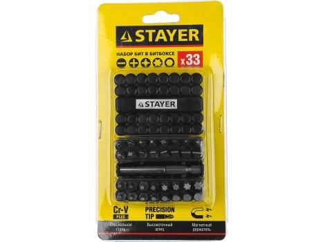 Набор бит STAYER Master, Cr-V, с магнитным адаптером, в ударопрочном держателе, 33 предмета